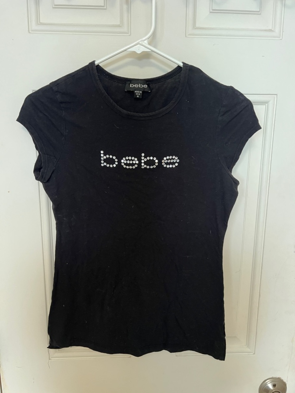 bebe Black Short Sleeve Tee with Rhinestone Logo